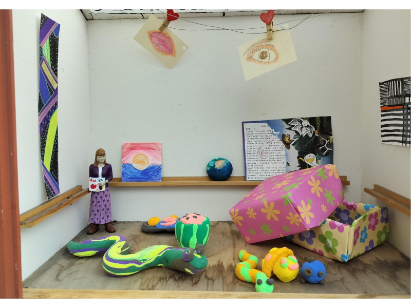 Free Little Art Gallery with modeling clay sculptures, origami box, sketches, watercolors, & collage